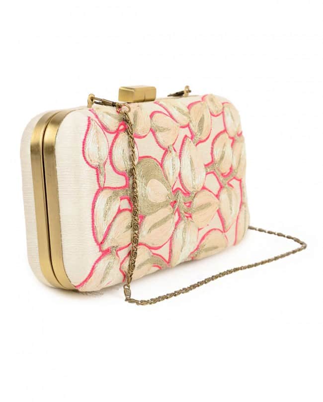 Ivory and silver fruit embroidered clutch bag