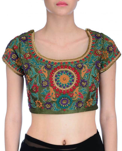 Olive green multicolor thread work blouse