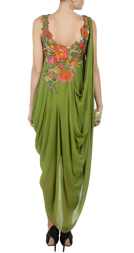 Green Embroidered Draped Gown