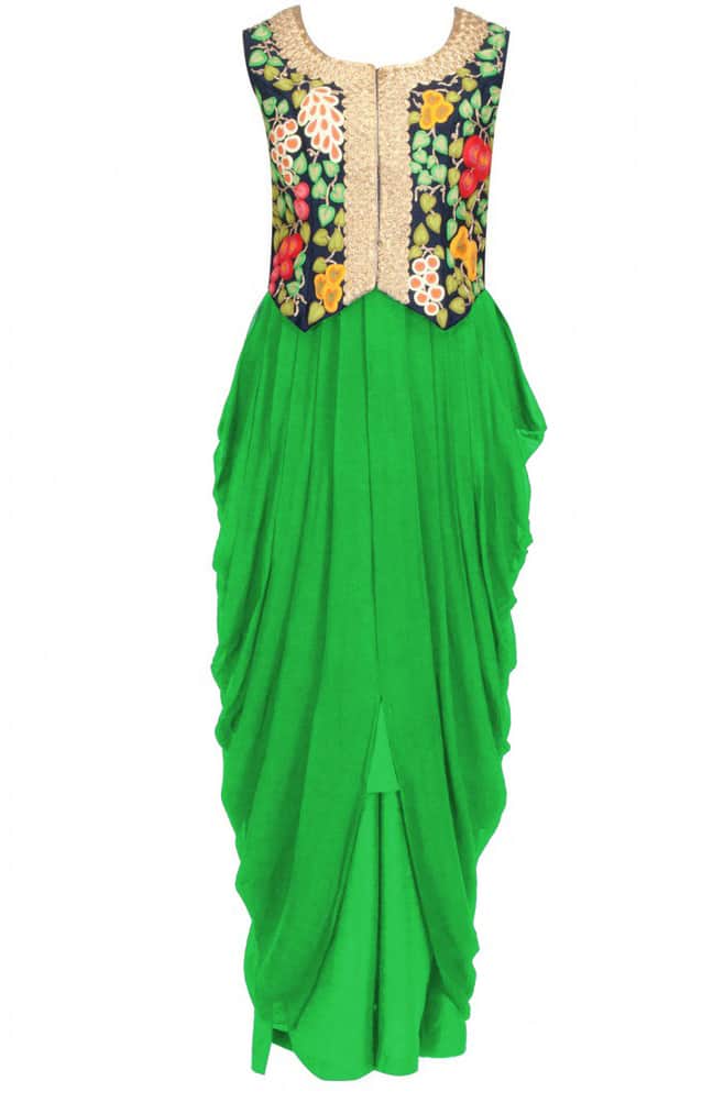 Navy blue fruit &amp; zardozi embroidered waistcoat with parrot green drape dress