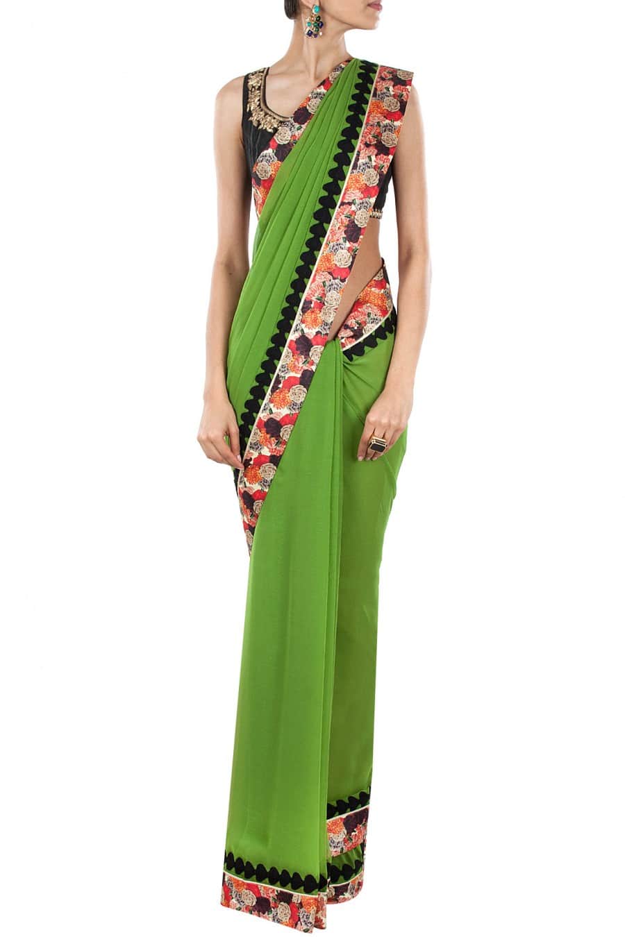 Green Sari with Floral Border and Blouse