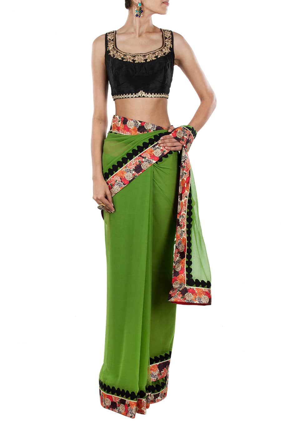 Green Sari with Floral Border and Blouse