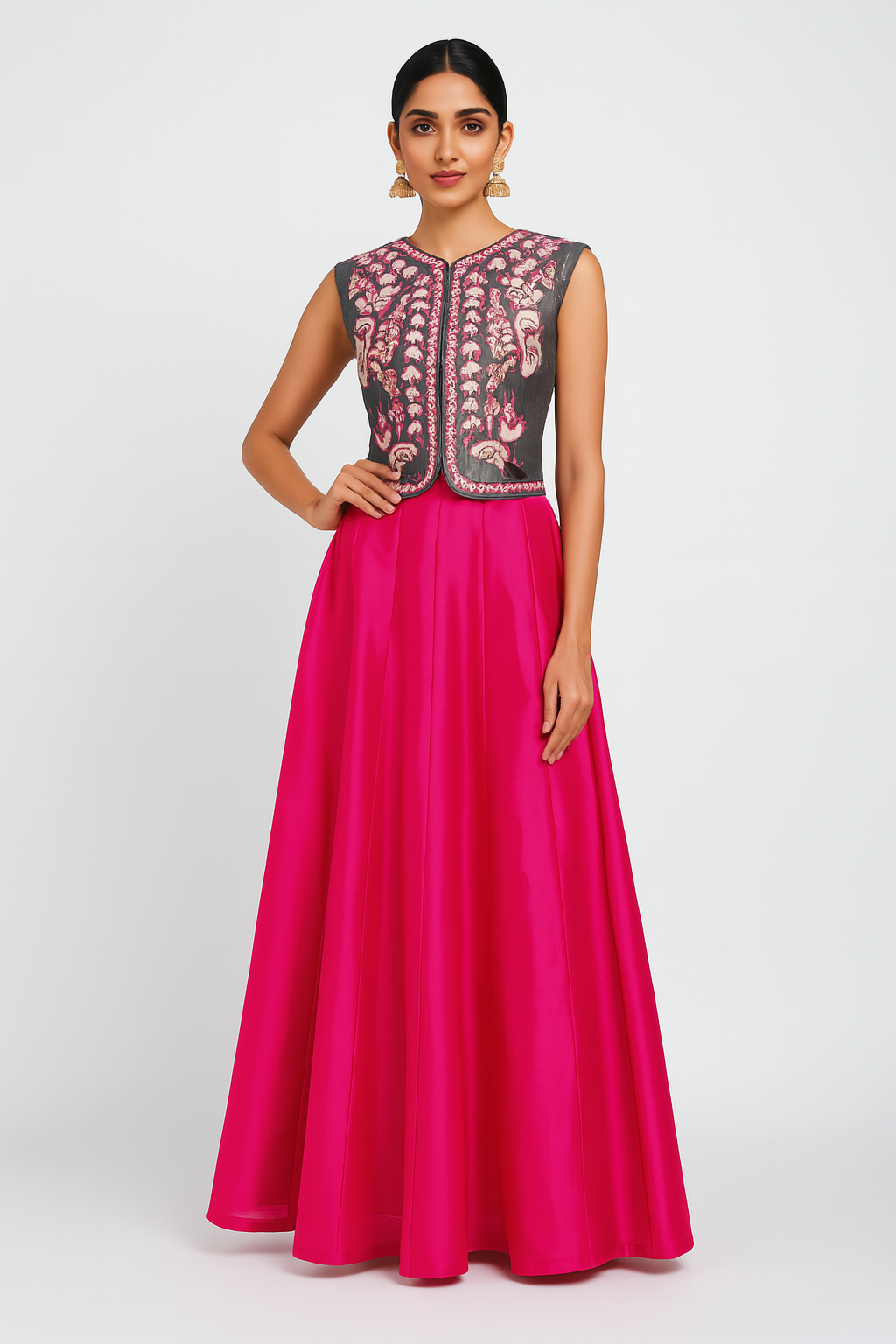 Grey Embroidered Top with Pink Silk Skirt - Front View | Aharin