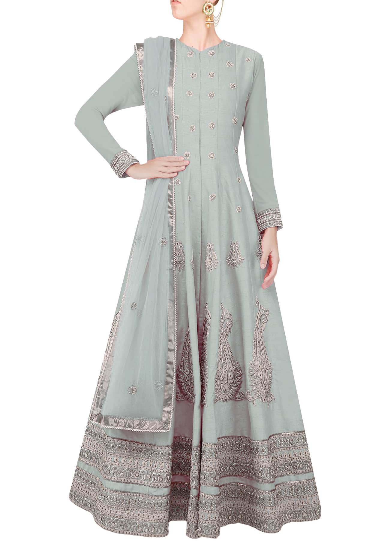 Pale grey flared anarkali set