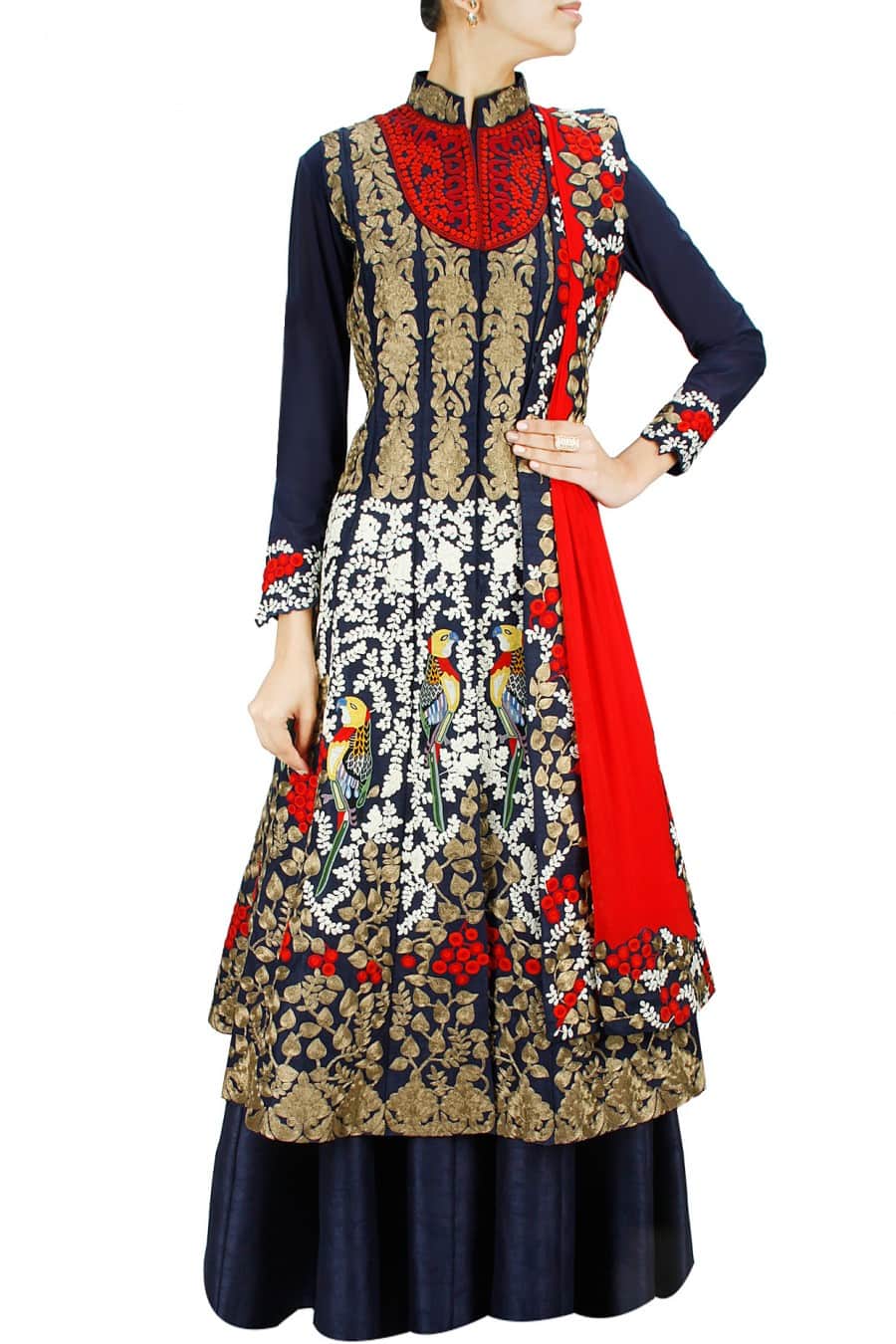 Navy blue Lehenga Set with Bird Embroidered Heavy Flared Jacket