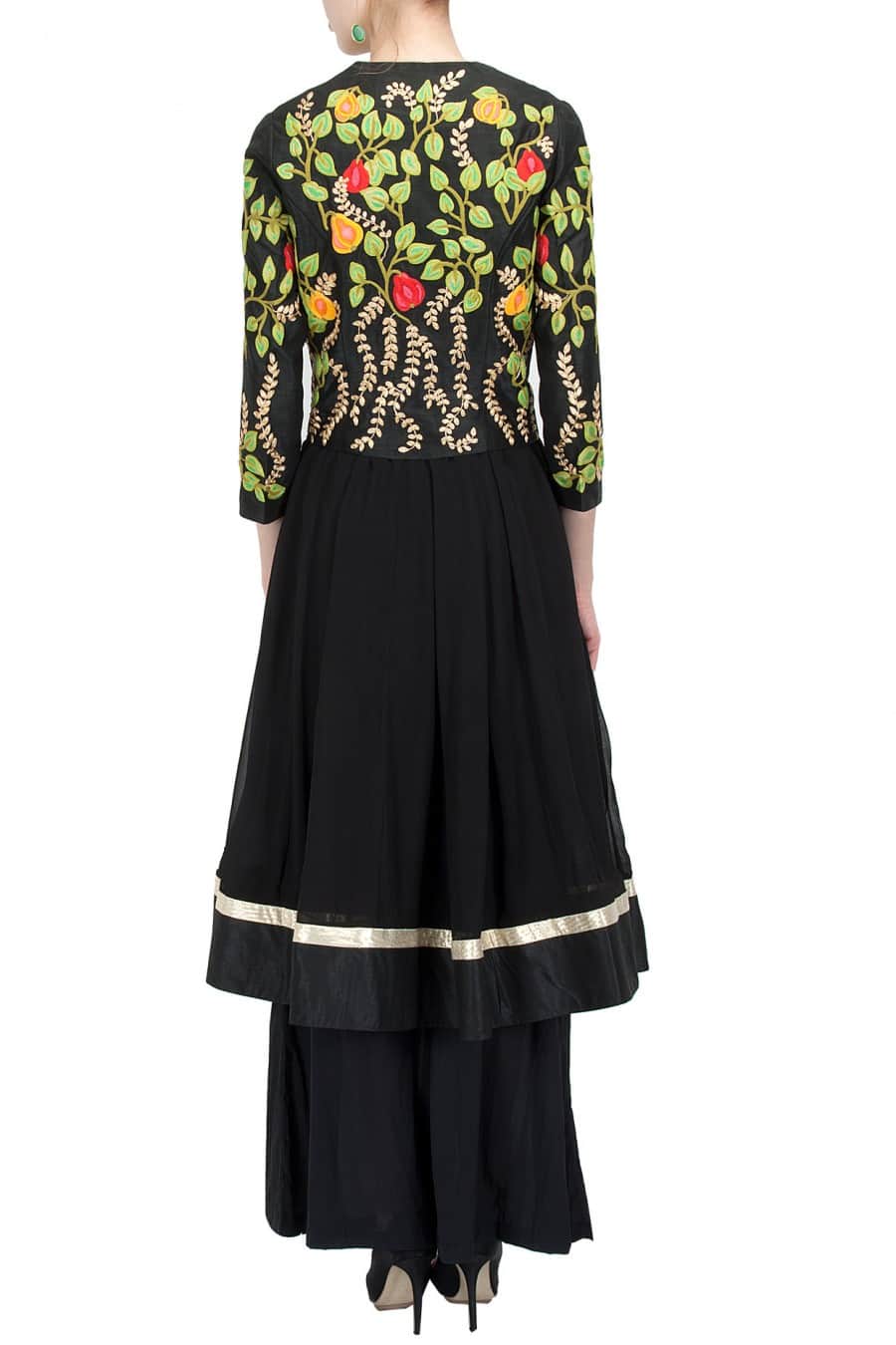 Jet black bright bird embroidered jacket with anarkali and palazoe pants