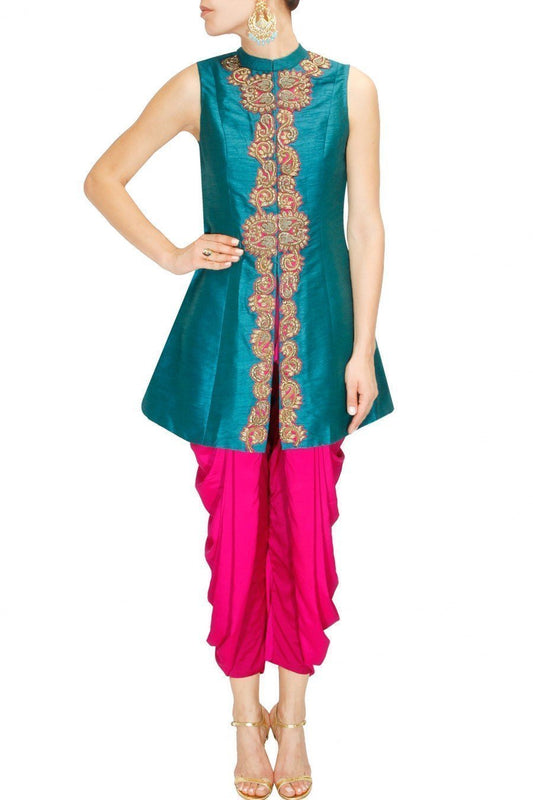 Teal Blue Zardozi Jacket &amp; Fuschia Pink Dhoti Pants