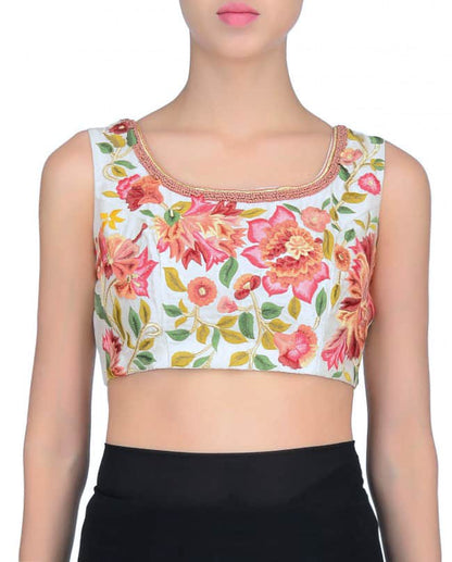 Ivory multicolor resham embroidered sari blouse