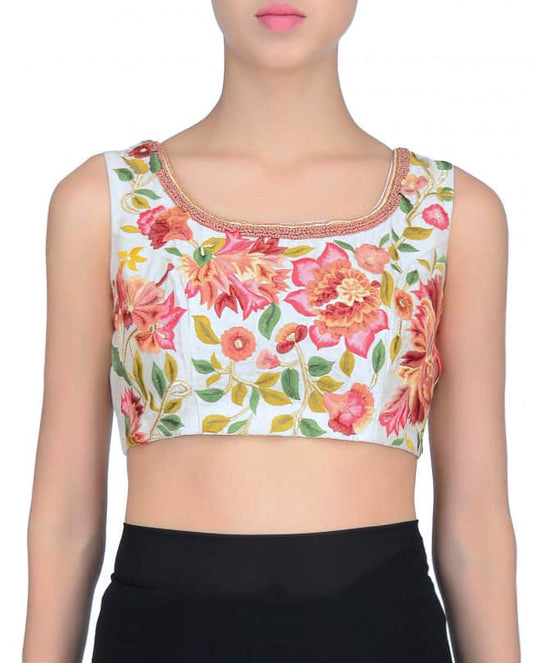 Ivory multicolor resham embroidered sari blouse