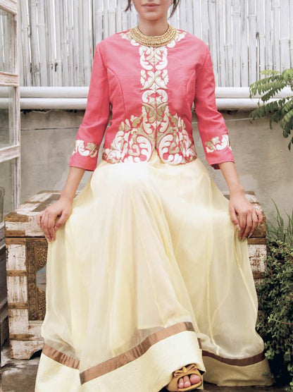 Coral pink embroidered jacket with Ivory anarkali and palazoes pants