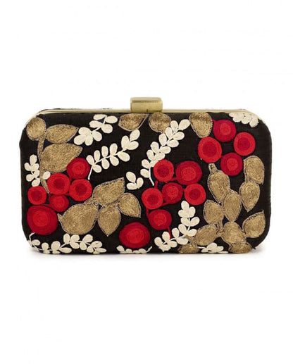 Black and red fruit embroidered clutch bag