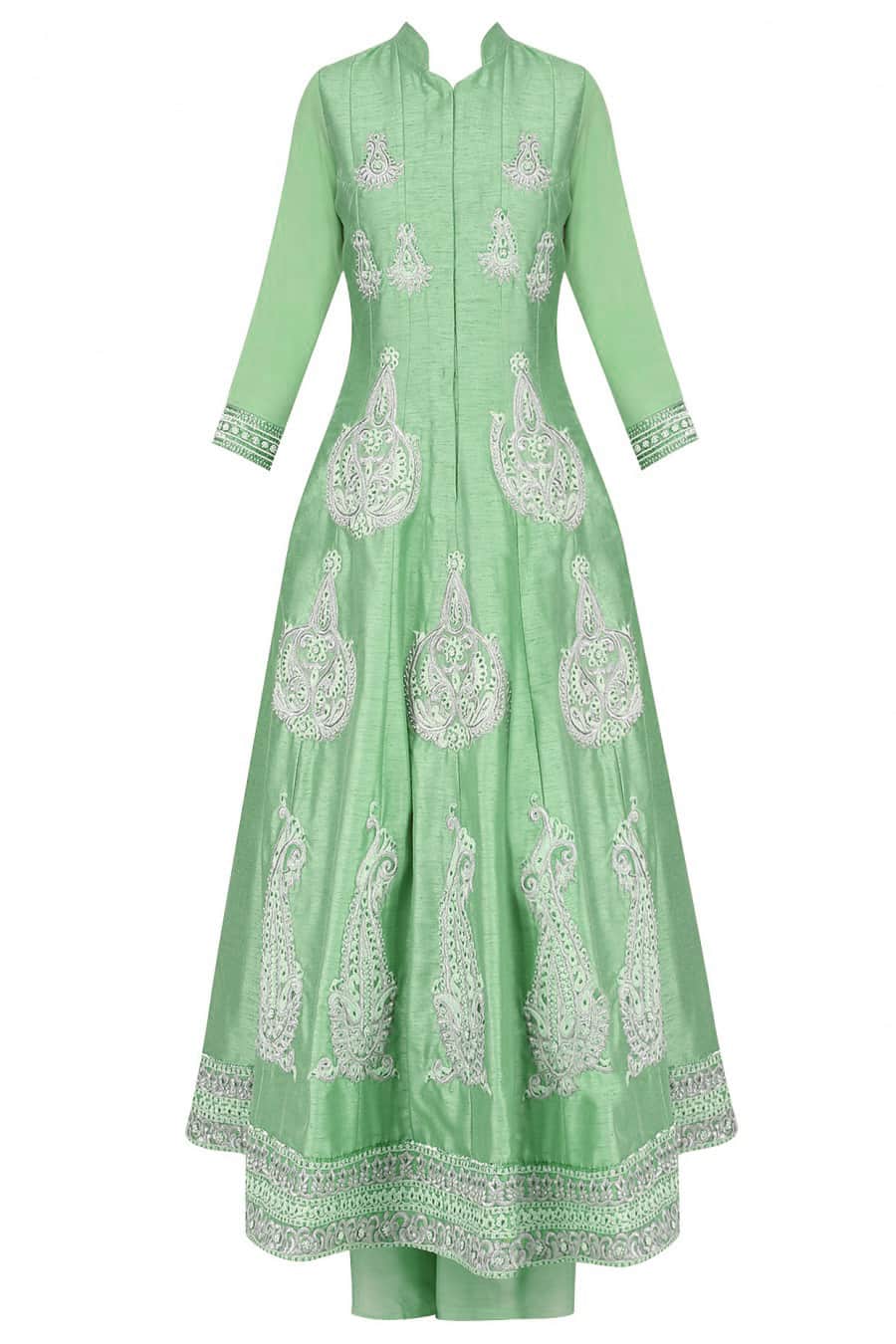 Mint green anarkali with palazoes and ivory net dupatta