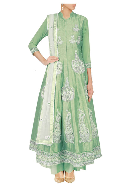 Mint green anarkali with palazoes and ivory net dupatta