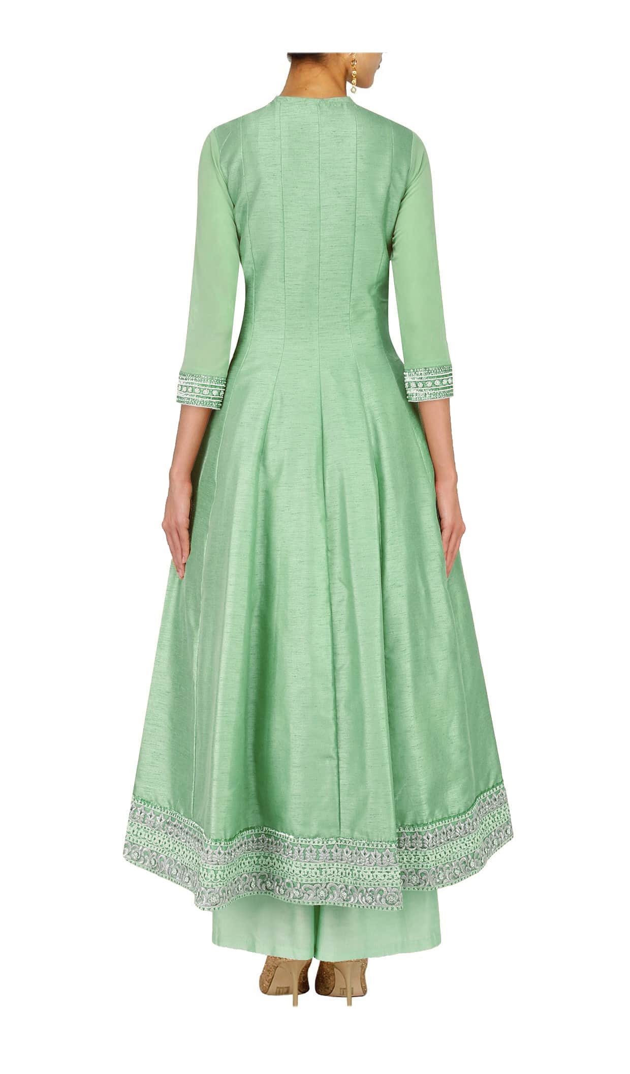 Mint green anarkali with palazoes and ivory net dupatta