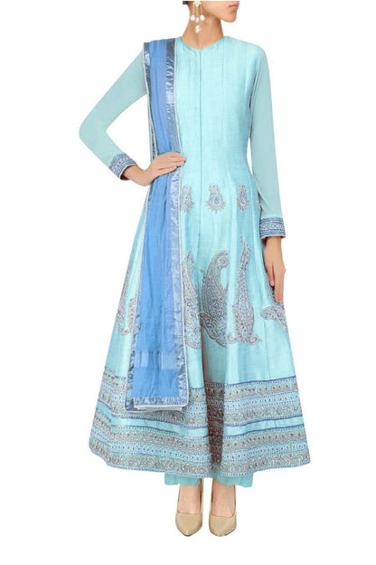 Pale blue anarkali with palazoes and blue dupatta in chanderi