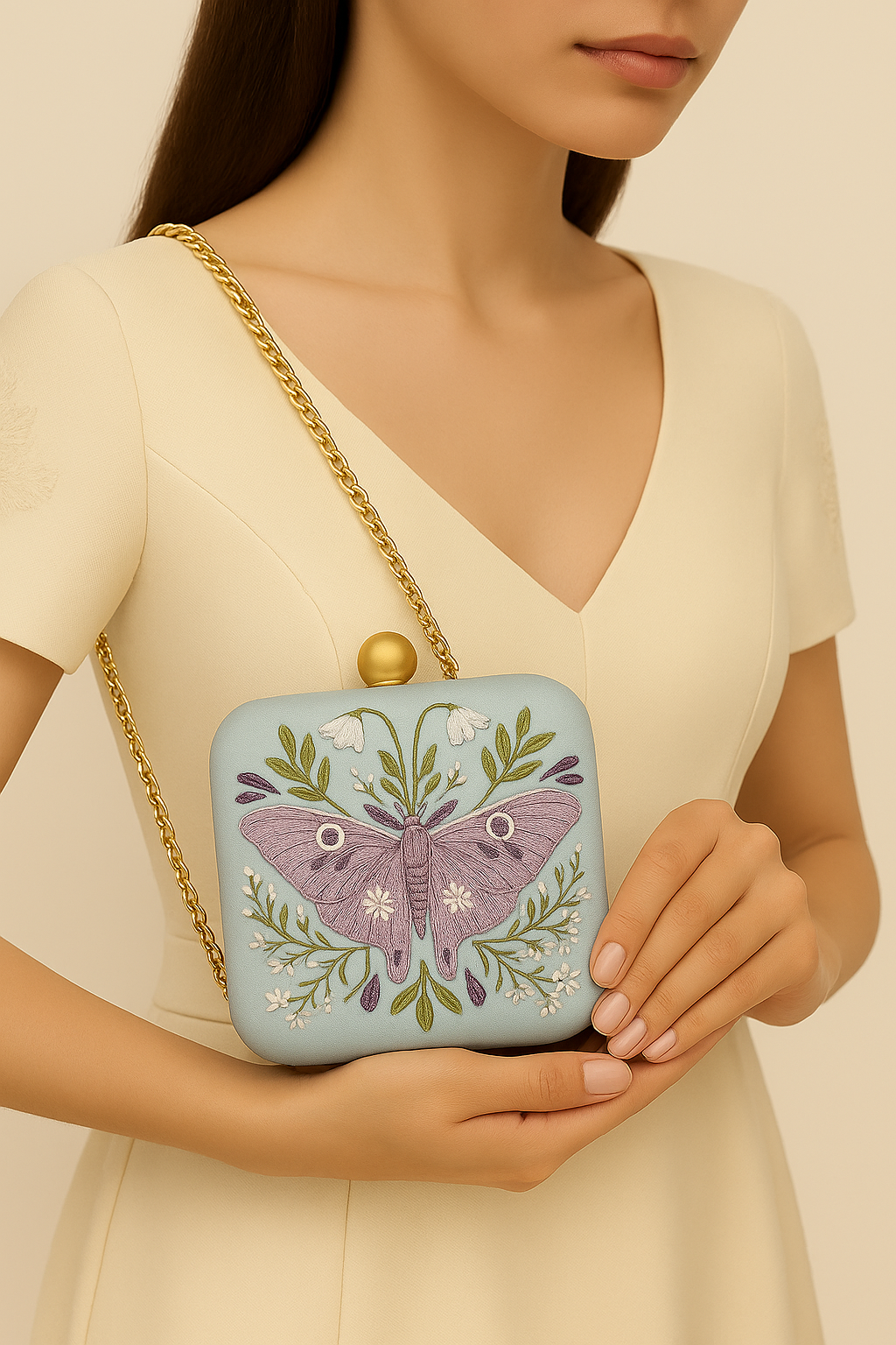 Lilac Butterfly Embroidered Clutch in Powder Blue Satin
