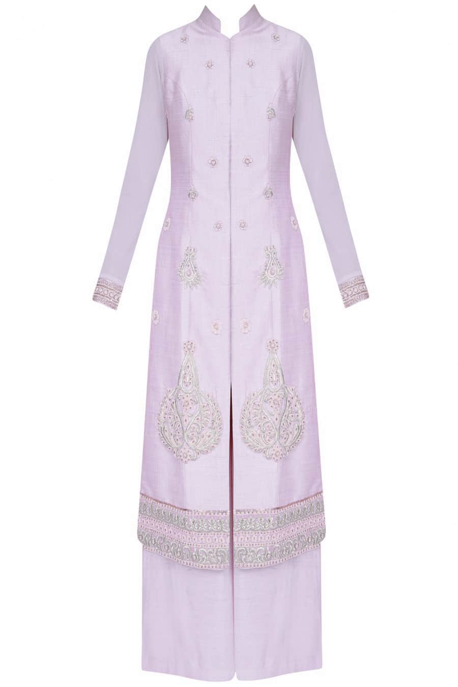 Pale mauve straight kurta with palazoes and ivory chanderi dupatta