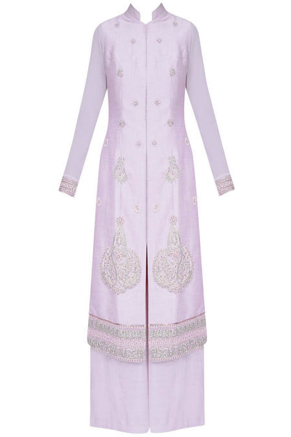 Pale mauve straight kurta with palazoes and ivory chanderi dupatta