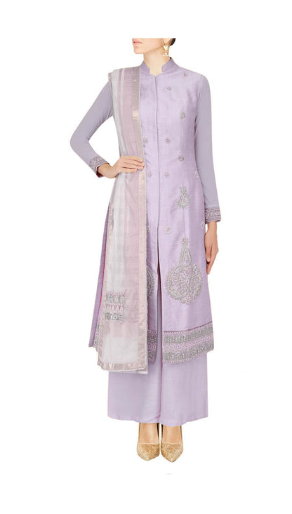 Pale mauve straight kurta with palazoes and ivory chanderi dupatta