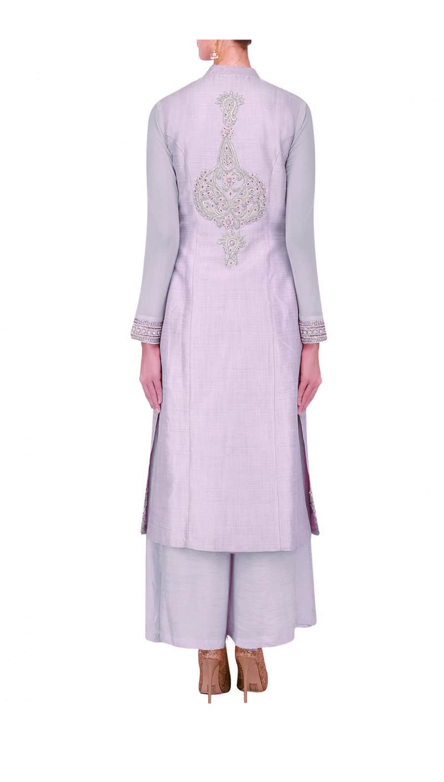 Pale mauve straight kurta with palazoes and ivory chanderi dupatta