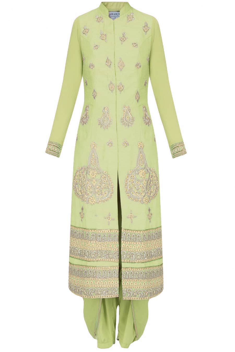 Pistachio green straight kurta with dhoti pants and ivory net dupatta