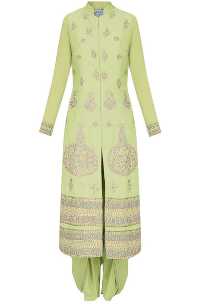 Pistachio green straight kurta with dhoti pants and ivory net dupatta