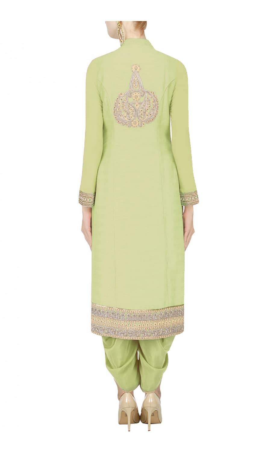 Pistachio green straight kurta with dhoti pants and ivory net dupatta