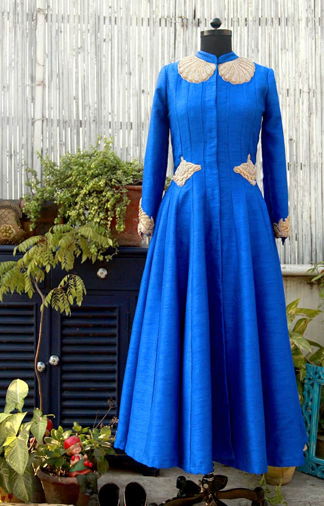 Cobalt Blue Long Jacket with Full Sleeves and Heavy Zardozi