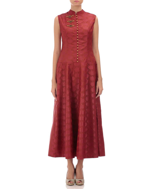 Deep Red Brocade long Dress