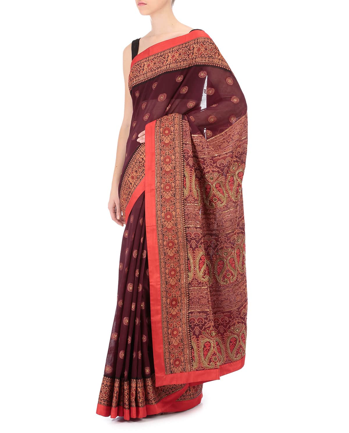 Berry Red Handwoven Sari with Red Blouse