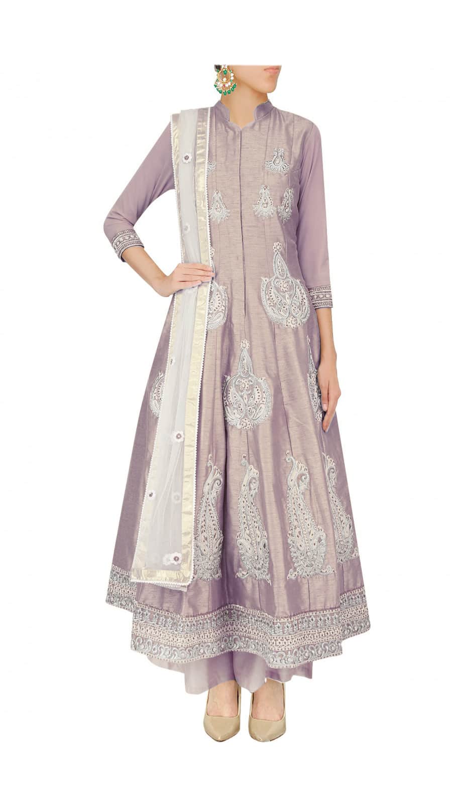 Mauve anarkali with palazoes and ivory net dupatta