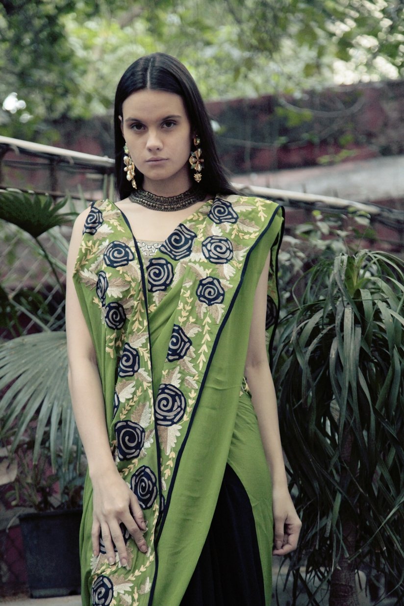 Green &amp; Blue Butterfly Sari with grey blouse