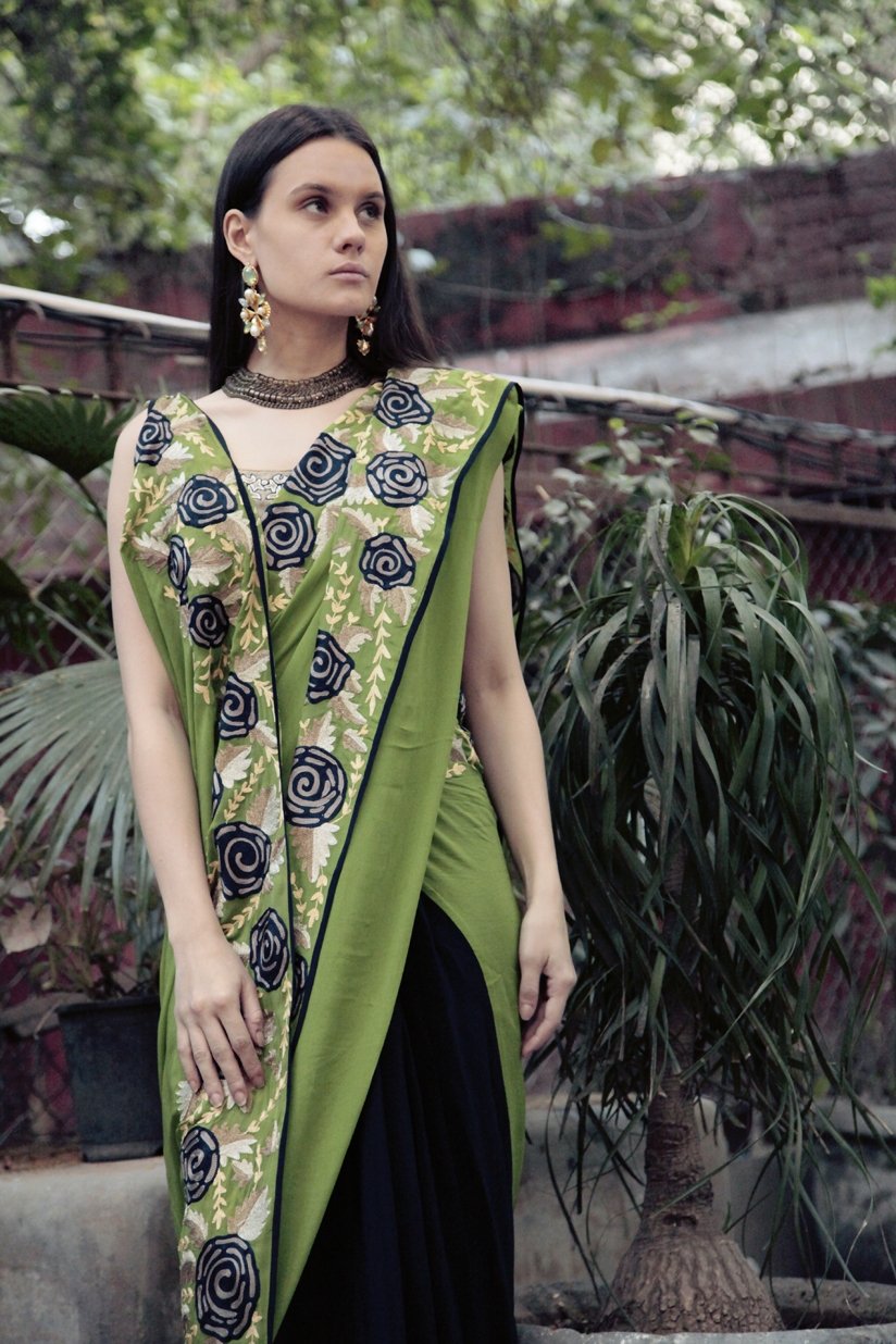 Green &amp; Blue Butterfly Sari with grey blouse