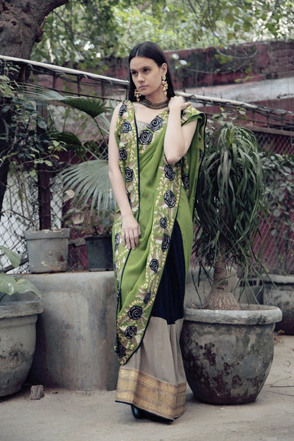 Green &amp; Blue Butterfly Sari with grey blouse