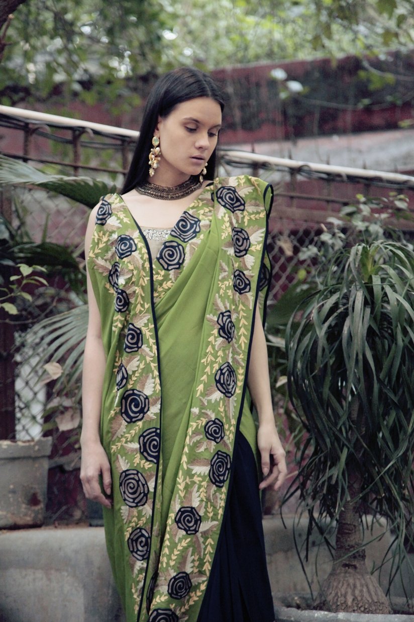 Green &amp; Blue Butterfly Sari with grey blouse