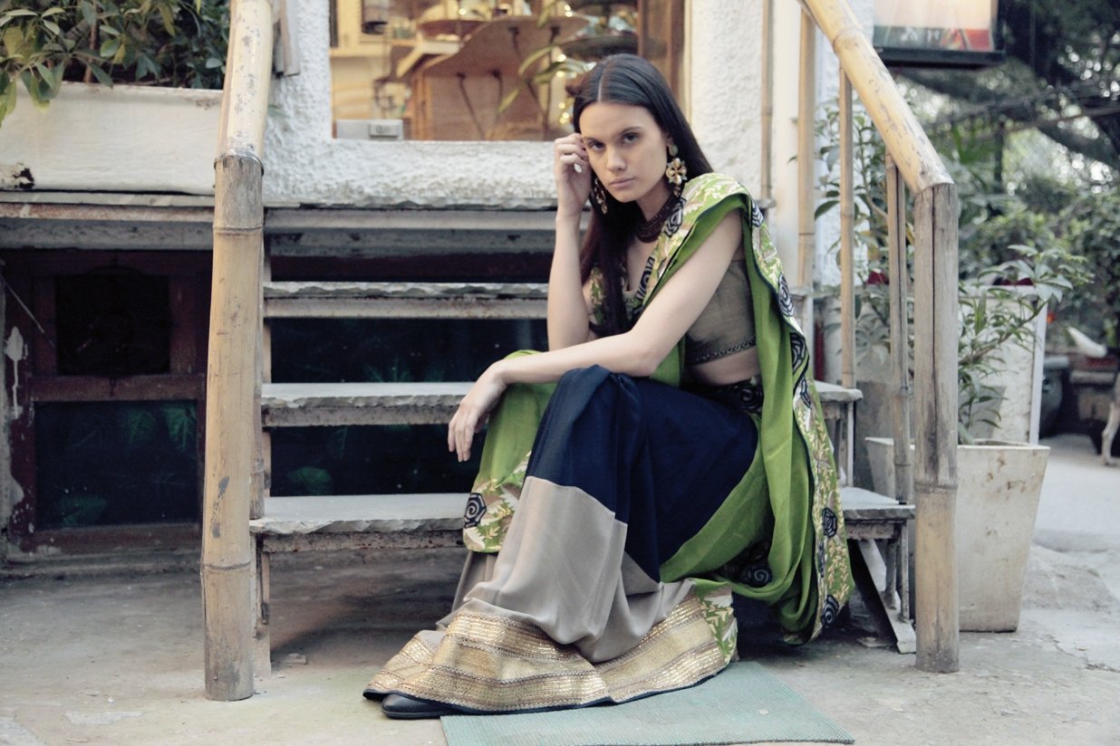 Green &amp; Blue Butterfly Sari with grey blouse