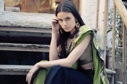 Green &amp; Blue Butterfly Sari with grey blouse