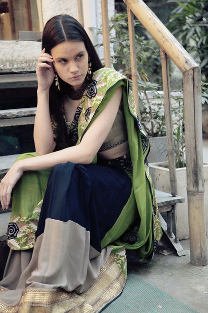 Green &amp; Blue Butterfly Sari with grey blouse