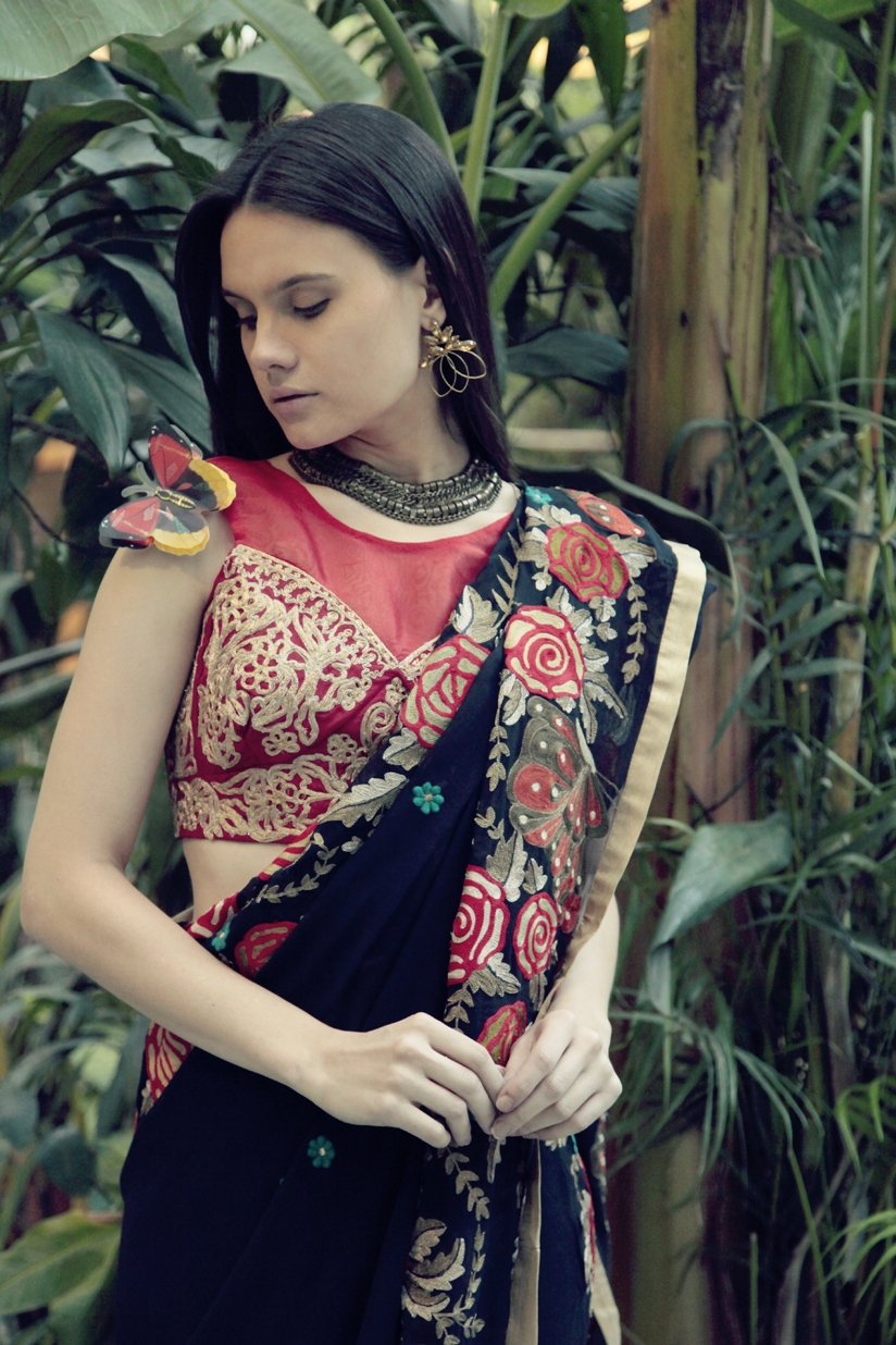 Navy Blue Butterfly Sari with Red Blouse