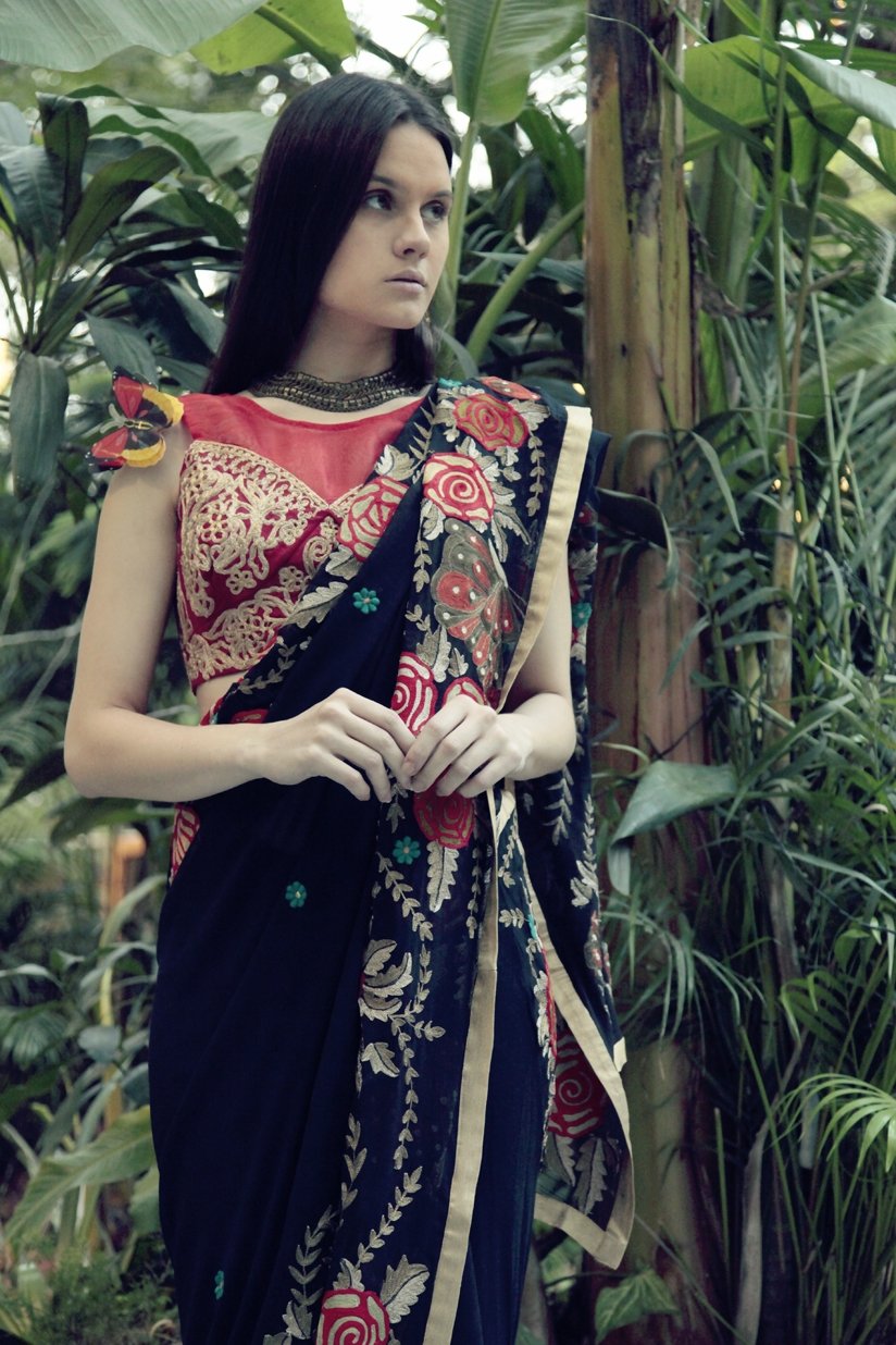 Navy Blue Butterfly Sari with Red Blouse