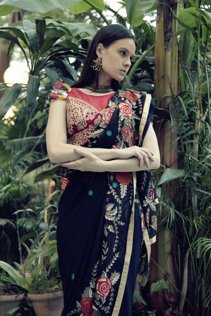 Navy Blue Butterfly Sari with Red Blouse