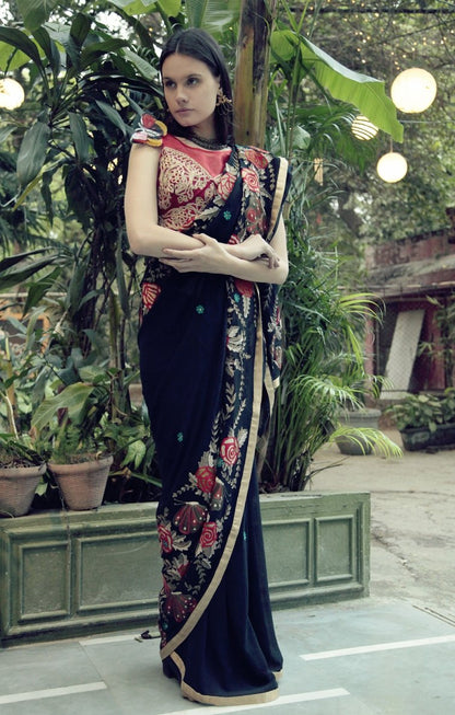 Navy Blue Butterfly Sari with Red Blouse