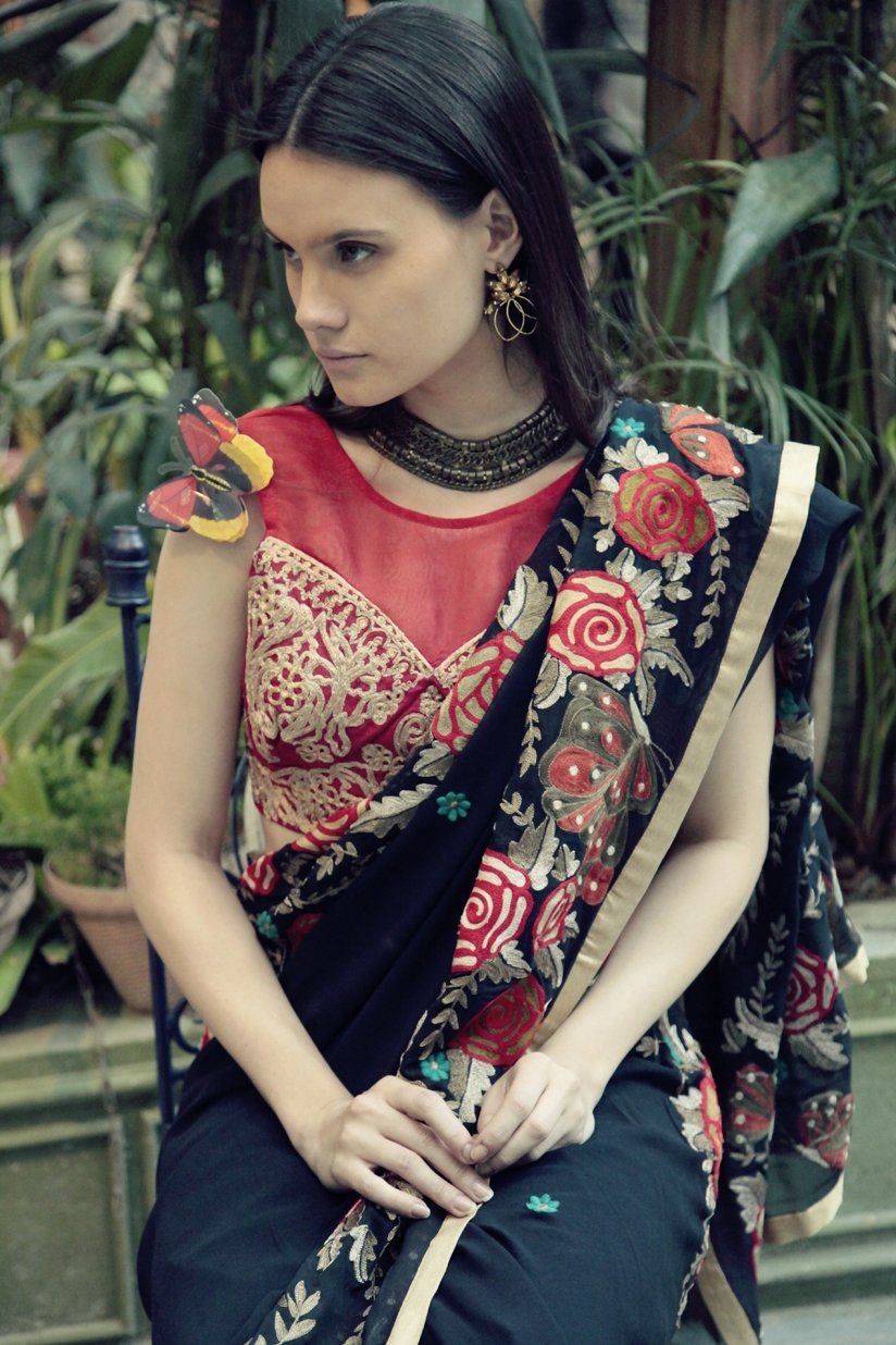 Navy Blue Butterfly Sari with Red Blouse