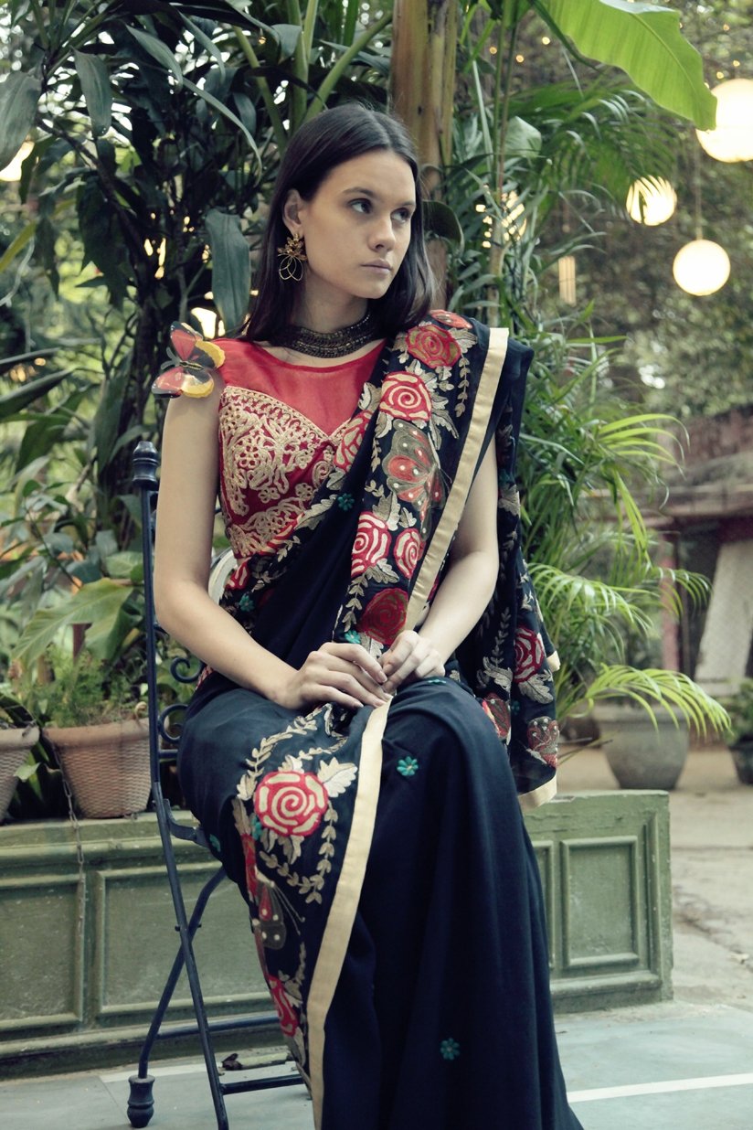 Navy Blue Butterfly Sari with Red Blouse