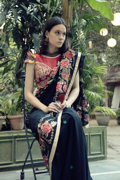 Navy Blue Butterfly Sari with Red Blouse