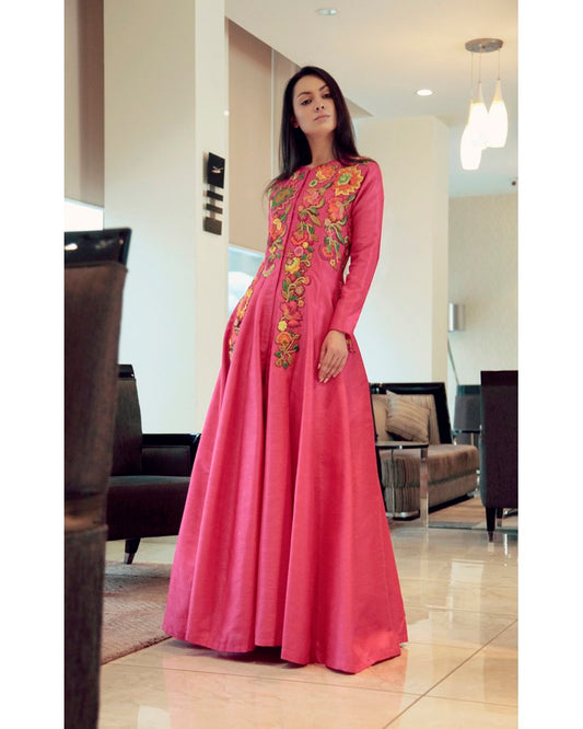 FuchsiaPink Floral Embroidered Jacket/Kurta Set