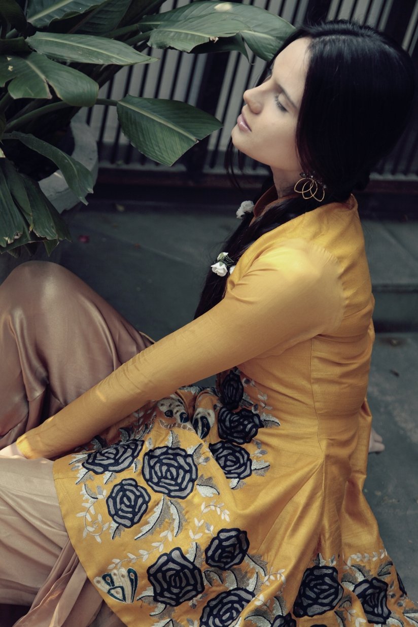 Mustard Flared Butterfly Jacket with Dhoti Pants