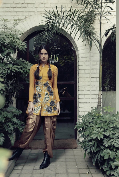 Mustard Flared Butterfly Jacket with Dhoti Pants