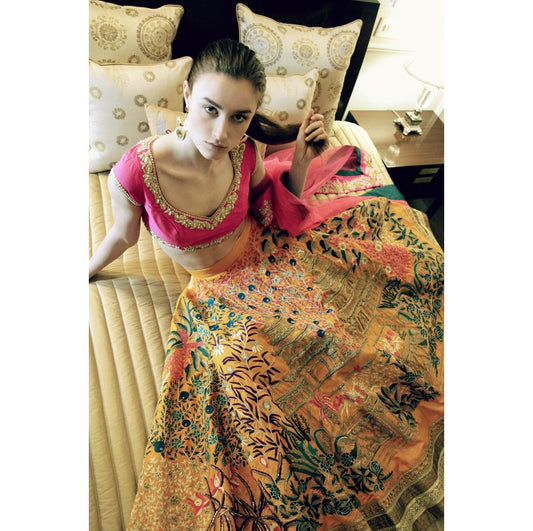 Pink & Mustard Yellow Floral Temple Embroidered Heavy Lehenga Set