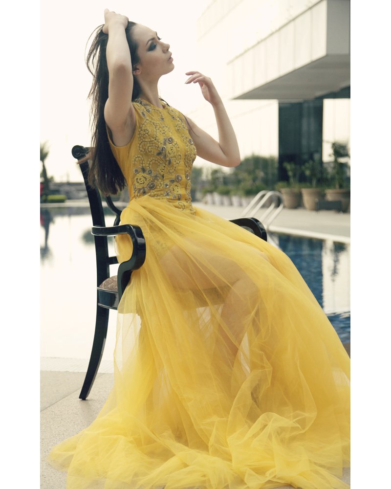 Yellow Zardozi Embroidered Gown